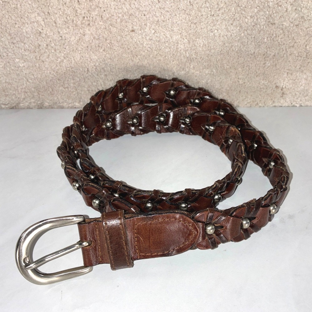 Donna Katz Brown Braided Leather Belt - M - Studded Boho Western Vintage